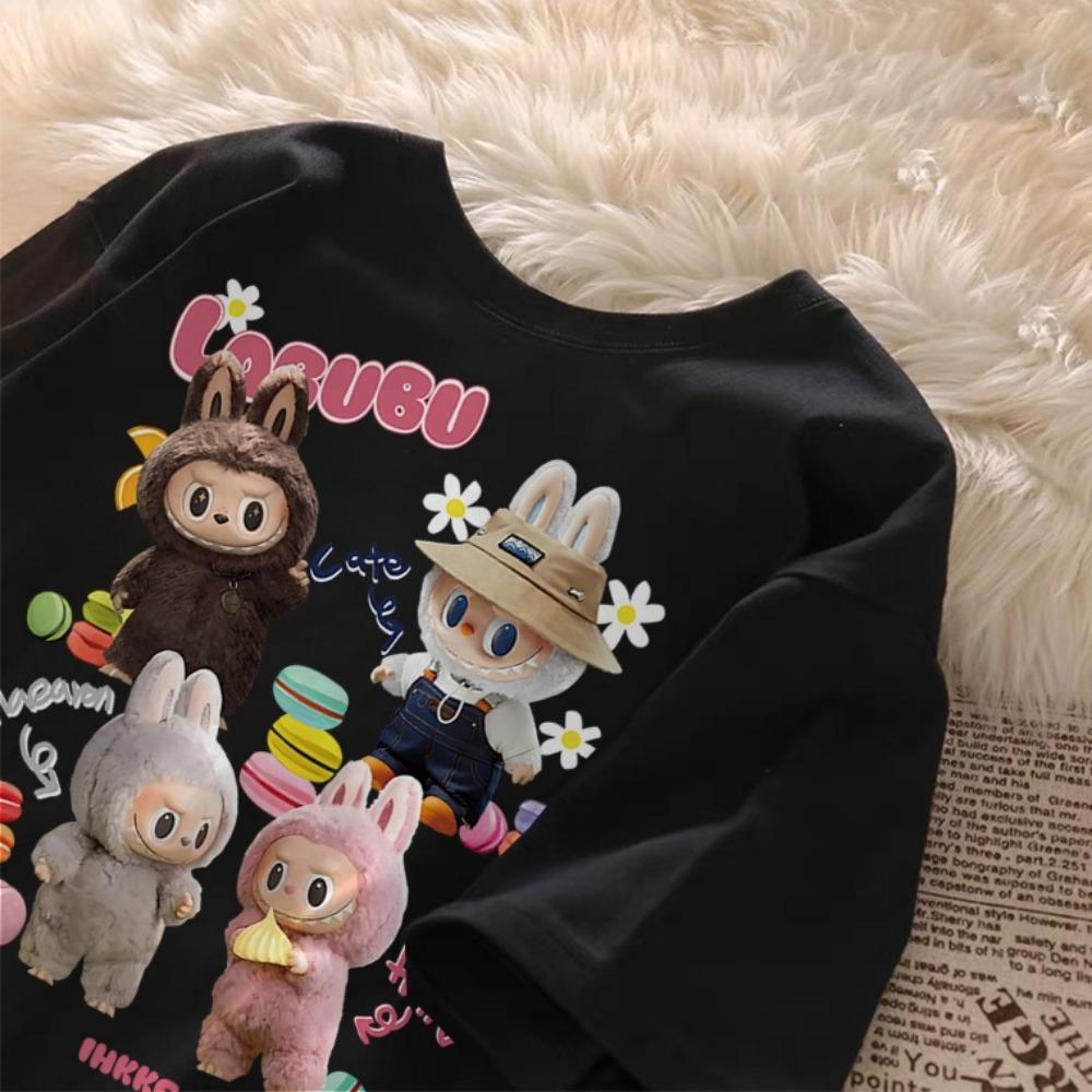 Children's LABUBU Printed T-shirt Korean Style Fashionable and Popular Girl Round Neck Short Sleeved Casual and Comfortable Top