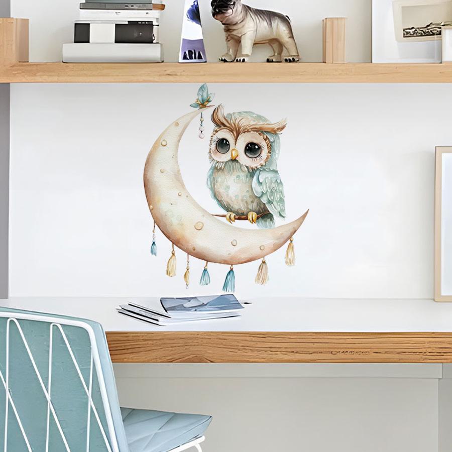 Watercolor Cute Owl Crescent Moon Healing Wall Sticker for Bedroom Bedside Warm Home Decor