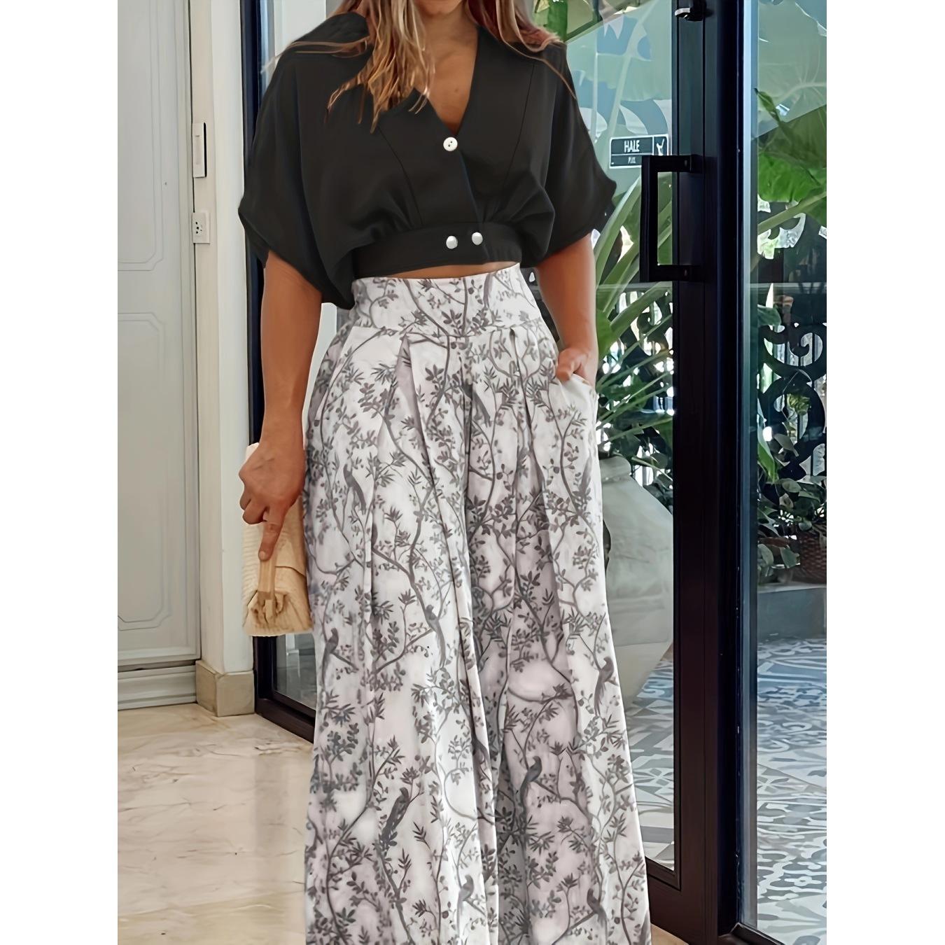 

Женский летний повседневный комплект однотонные шорты рубашка с принтом широкие брюки L чёрный