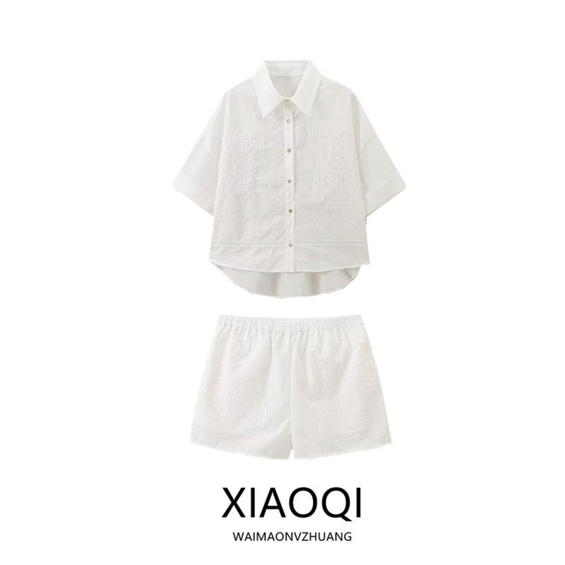 Fashion Style 2024 New Fall Women's Clothing Slim Looking Easiest for Match Embroider Poplin Shirt Mid Waist Shorts 0081069