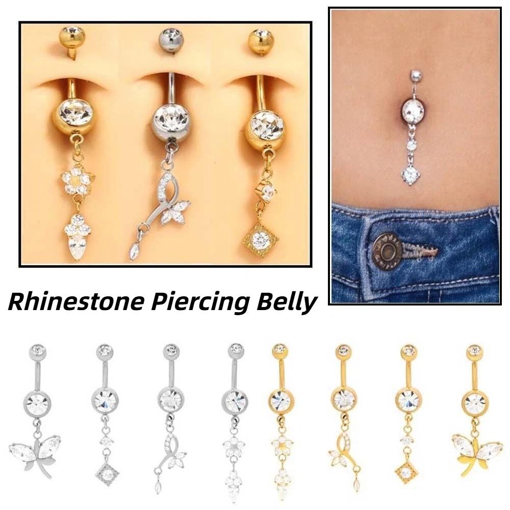 Alloy Rhinestone Piercing Belly Dual Color Dangled Design Leaf Navel Jewelry Exquisite Detachable Flower Rhinestone Belly Ring