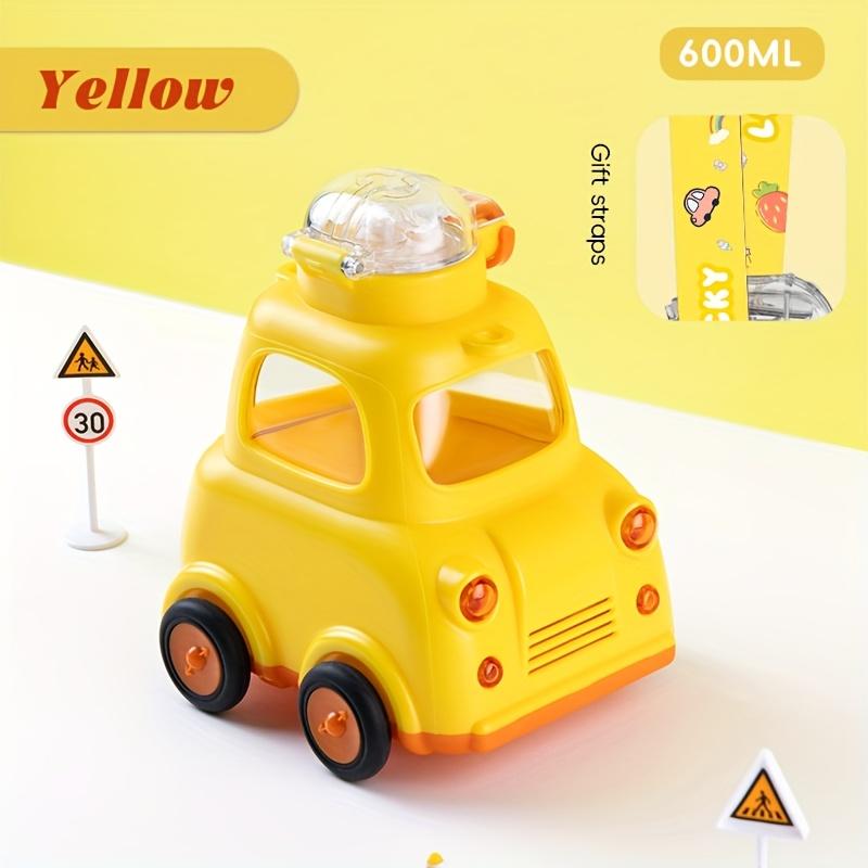 600ml Car Shaped Water Bottle with Straw Carry Handle BPA Free Tritan Material, Locking Lid, Spill Proof Design Cute Yellow Vehicle for Kids, Toddlers