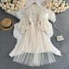 Three-Dimensional Floral Mesh Two-Piece Dress with Stand-Up Collar and Lantern Sleeves