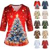 Women's Christmas Print Work Top, V-Neck 3/4 Sleeve Caregiver Uniform Shirt