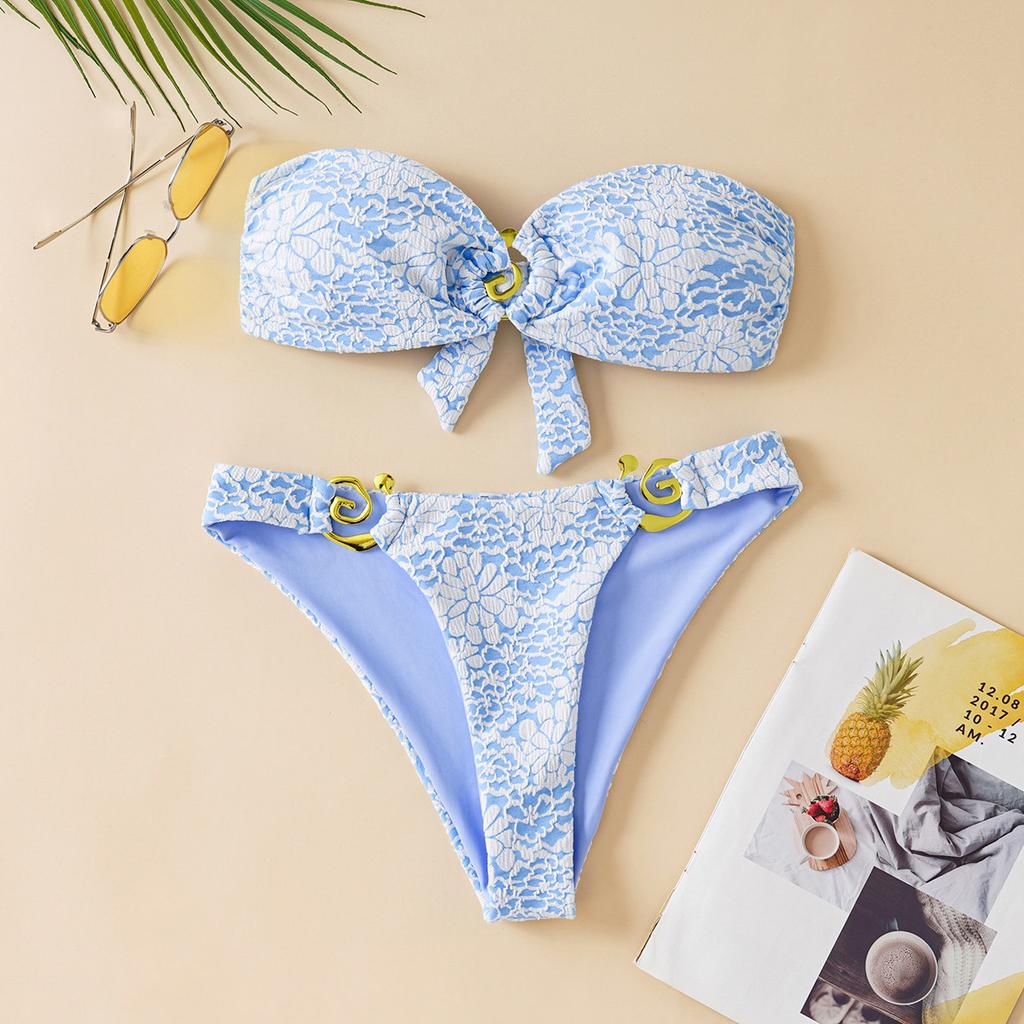 Women’s Summer Bathing Suit Solid Color Bandeau and High Cut Bottom Sexy Bikini Swimsuit, Two-Piece Swimwear