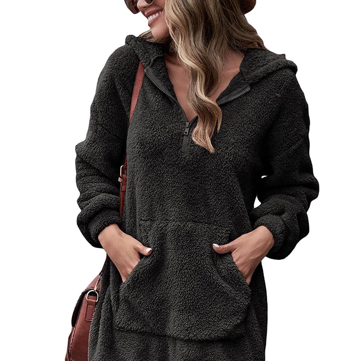 

2024 Новая женская двухсторонняя флисовая куртка с капюшоном, свободная молния, плюшевый карман, свитер 3XL чёрный