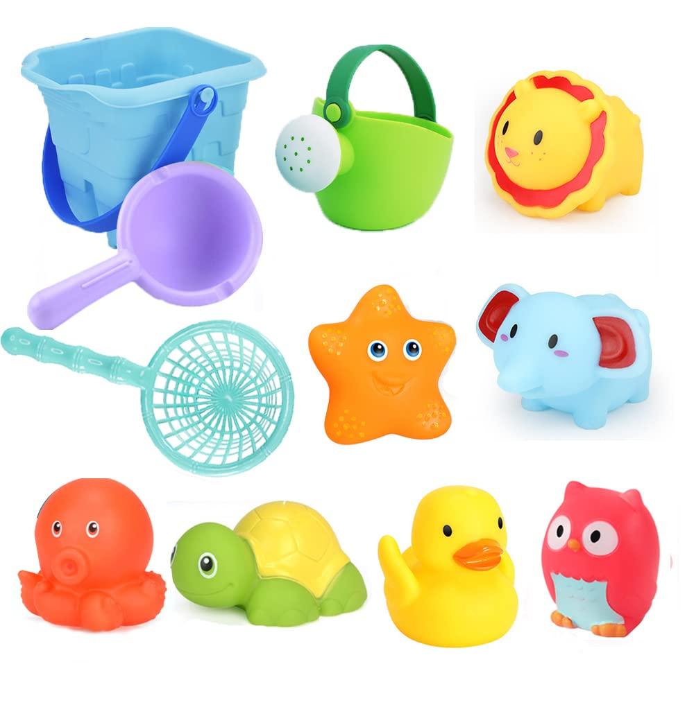 

Bacolos Water Play Toys, Pool Toys, Shower Toys, Bath Toys, Animal Toys, 11-Piece Set with Fountain, Sound-Making Animals, Fishing Net, Ladle,