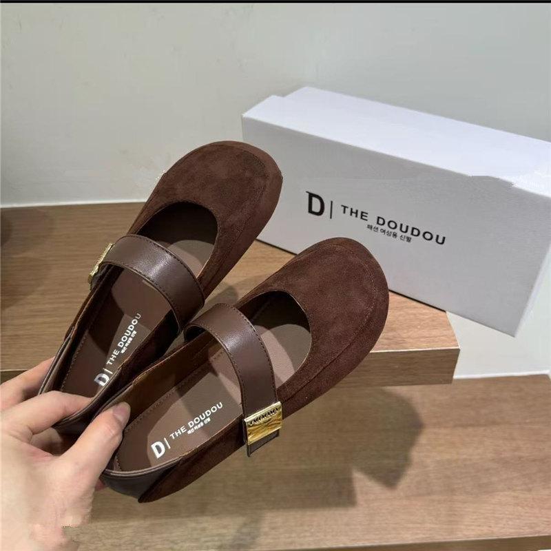 Retro Mary Jane shoes new temperament elegant suede metal buckle round head thin soft sole ballet shoes 35