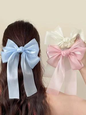 1 Pcs Pink Sweet Mesh Bow Streamer Elegant Hairpin With Tail,Spring Clip for Women,Ribbon Barrettes Headwear Hair Accessories