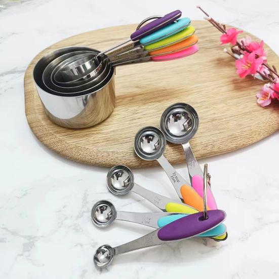 5Pcs/Set Measuring Spoon Set Clear Scale Ring Buckle Silicone Handle Stainless Steel Sugar Powder Spoon Measuring Cup Home Supplies