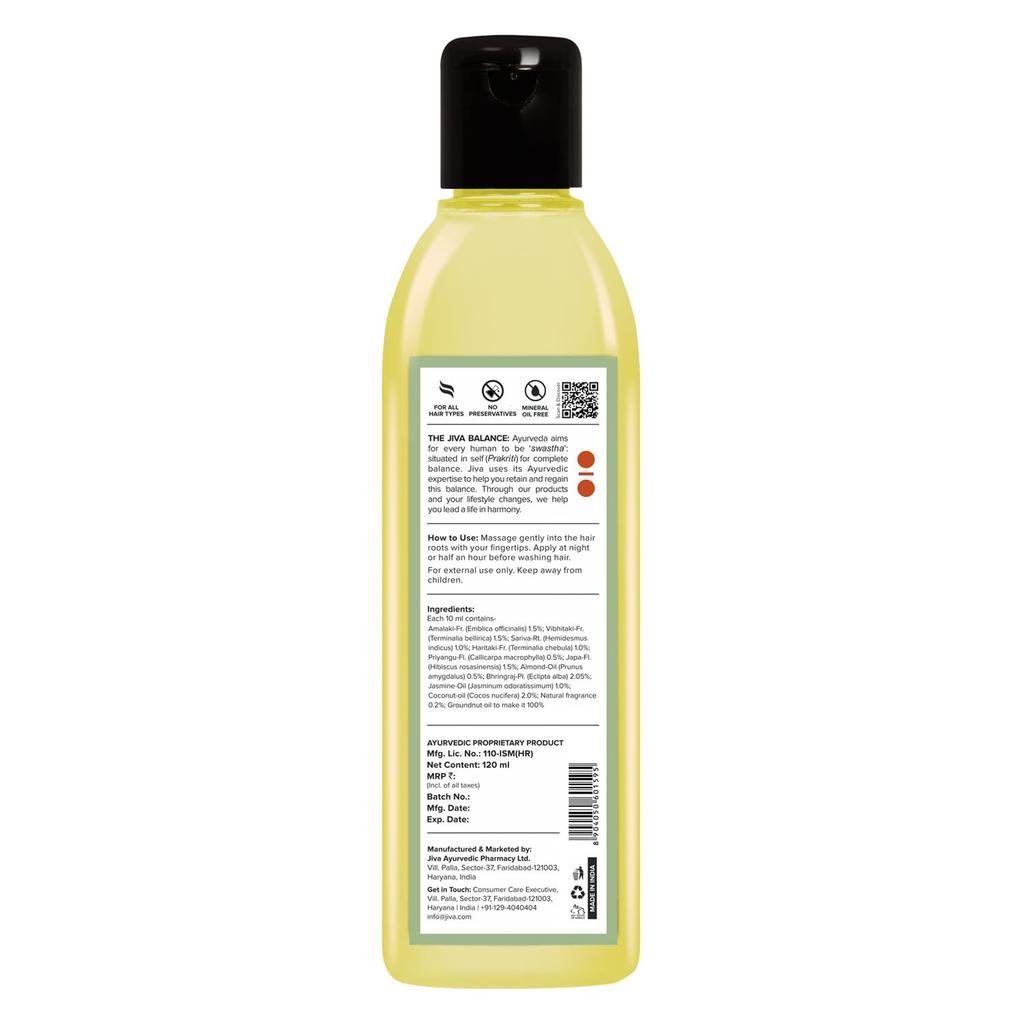 Olio di Amla Jiva 120 ml | 100% Puro e Naturale | Nutre i Capelli, Mantiene l'Umidità dei Capelli e Aiuta con Forfora e Caduta dei Capelli | Adatto a Tutti i Tipi di Capelli (