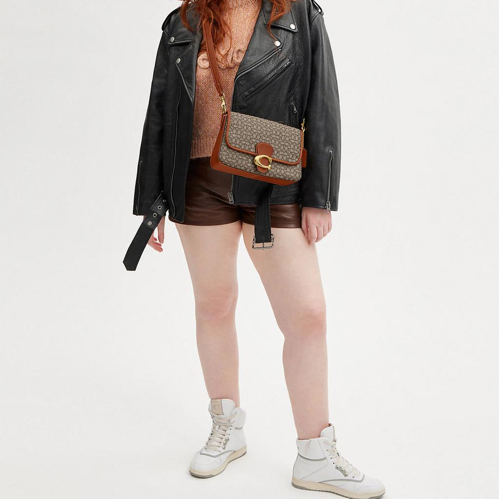 Coach Soft Tabby 27 Gold Logo Flap Snap Classic Monogram Hardware Leather Saddle Bag Handbag Shoulder Bag Large Women Handbag Brown Gray CM536-B4TA7
