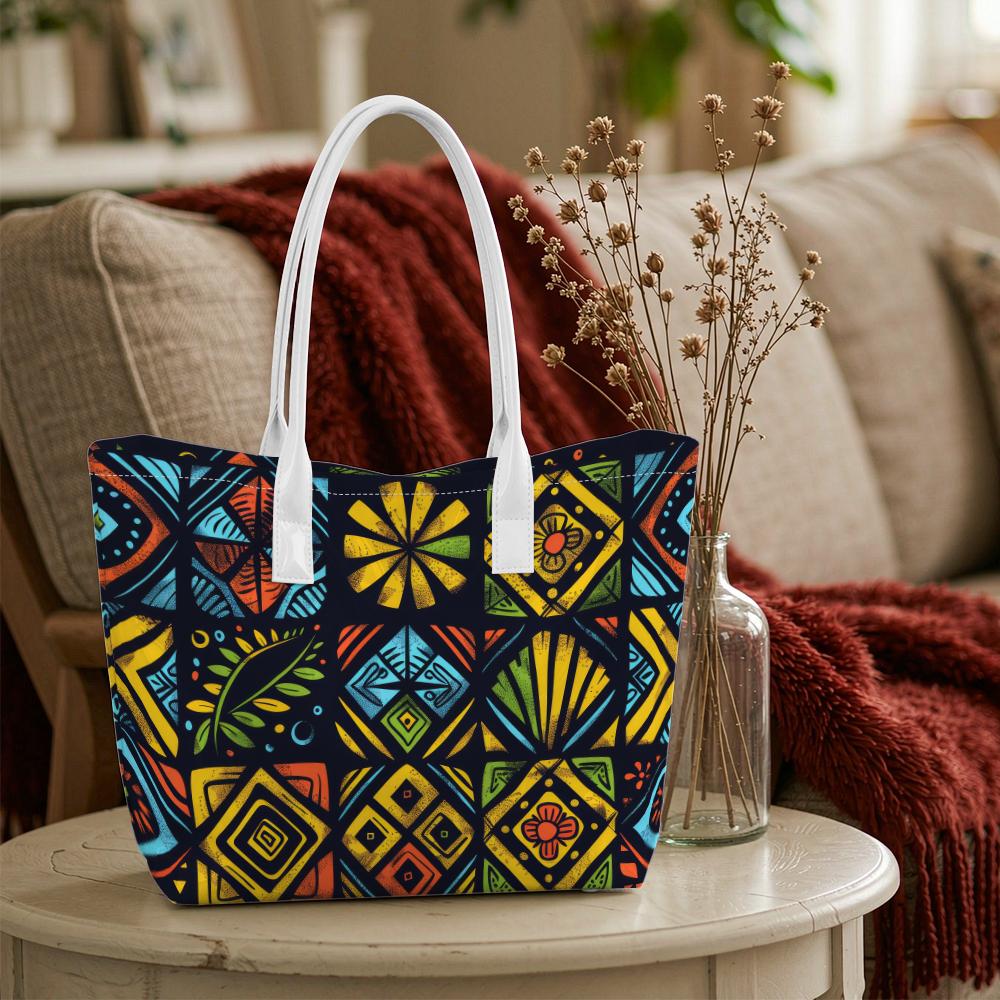 Vibrant Bohemian Tote Bag Geometric Print Casual Large Capacity Daily Carry Shoulder Handbag