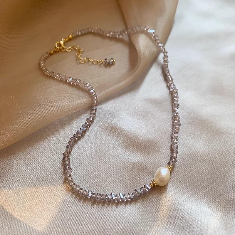 Womens Baroque Freshwater Pearl Crystal Beaded Clavicle Necklace белый
