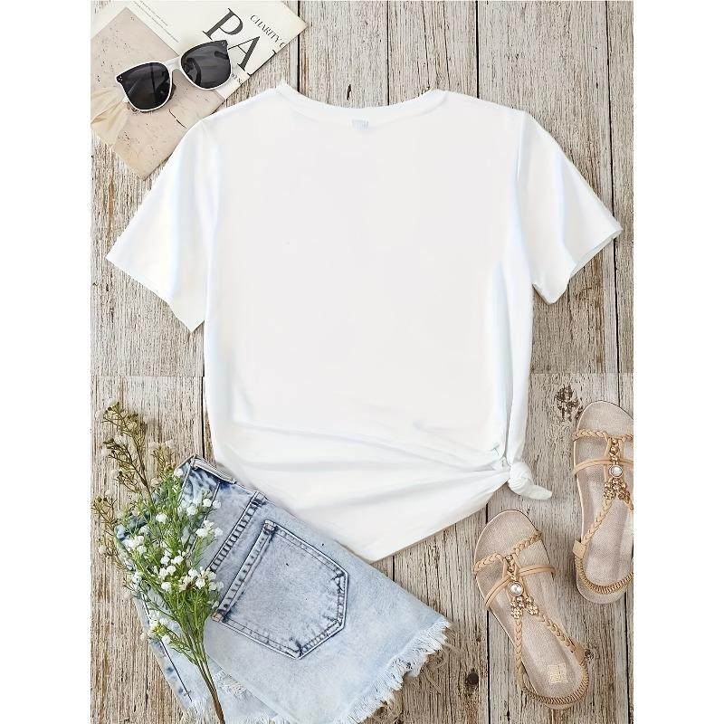Women'S Casual Crew Neck T-Shirt with Red Roses And Heart Pattern - Fabric, Floral Pattern, Suitable for All Seasons