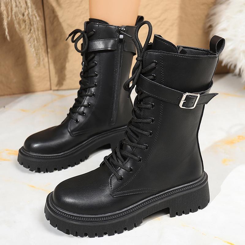 Fashion Fashion Buckle Platform Mid Calf Boots Women Lace Up Punk Motorcycle Boots Woman Autumn Winter Thick Sole Pu Leather Botas 35-42