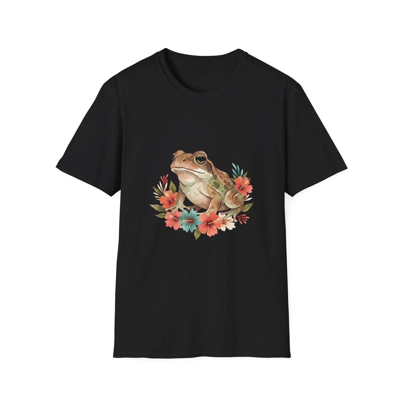 Frog Floral Watercolor Nature Black Tee Aesthetic T-Shirt 4XL