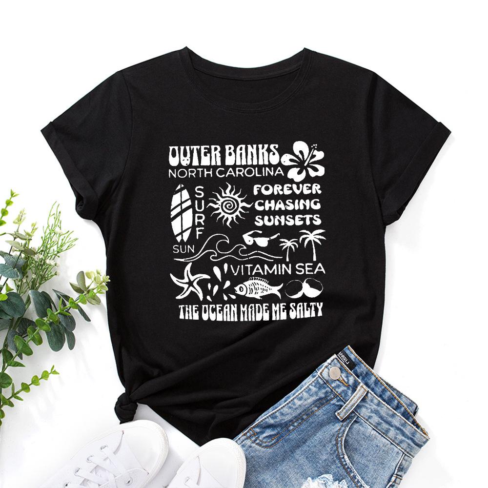 Alphabet Cotton T-Shirt Short Sleeve Round Neck Women 2d Print Tops