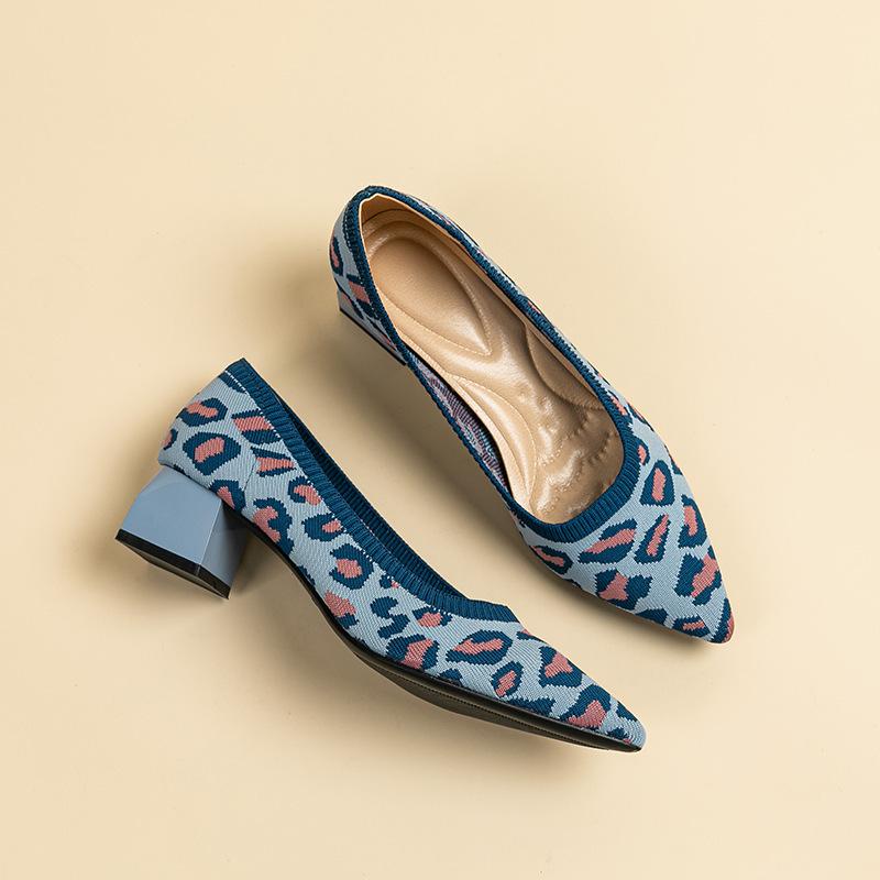 

Женские туфли-лодочки весна-лето новые для通勤а, универсальные, на толстом каблуке, с острым носком, с мелким вырезом, вязаные, трикотажные 39