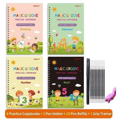 Magic Practice Copybook Set for Kids - Reusable Groove Handwriting Workbooks for Children's Calligraphy & Writing Tracing