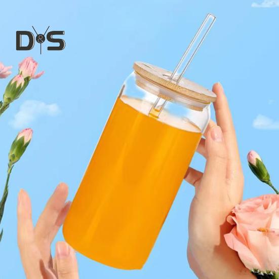 Glass Tumbler with Bamboo Lid Brushes Straw 470ml Can Shaped Glass Cups for Iced Coffee Soda Tea Beer & Ice Coffee Glasses Reusable Glassware