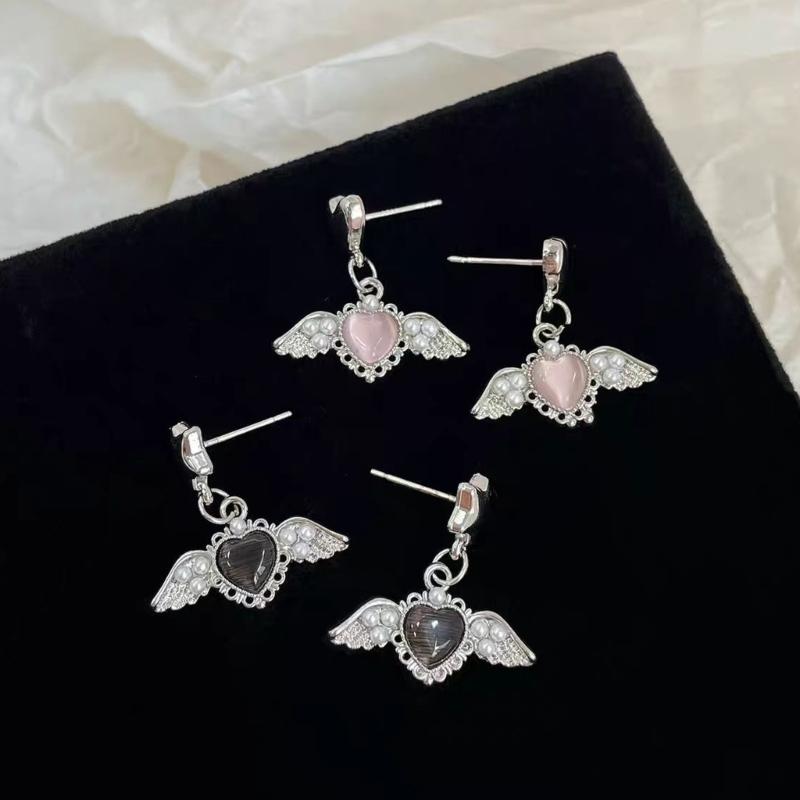 Elegant Pearls Accented Angel Wing Heart Earrings Premium Alloy Allergy Resistant Lightweight Ear Pendant For Daily Wear