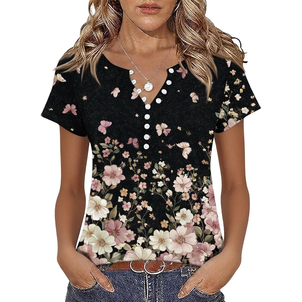 Damen Kurzarm Hemdbluse mit Blumenmuster, Henley-Kragen, Knopfleiste, Lässige lockere Passform, Oberteil für den täglichen Gebrauch und Outdoor-Aktivitäten