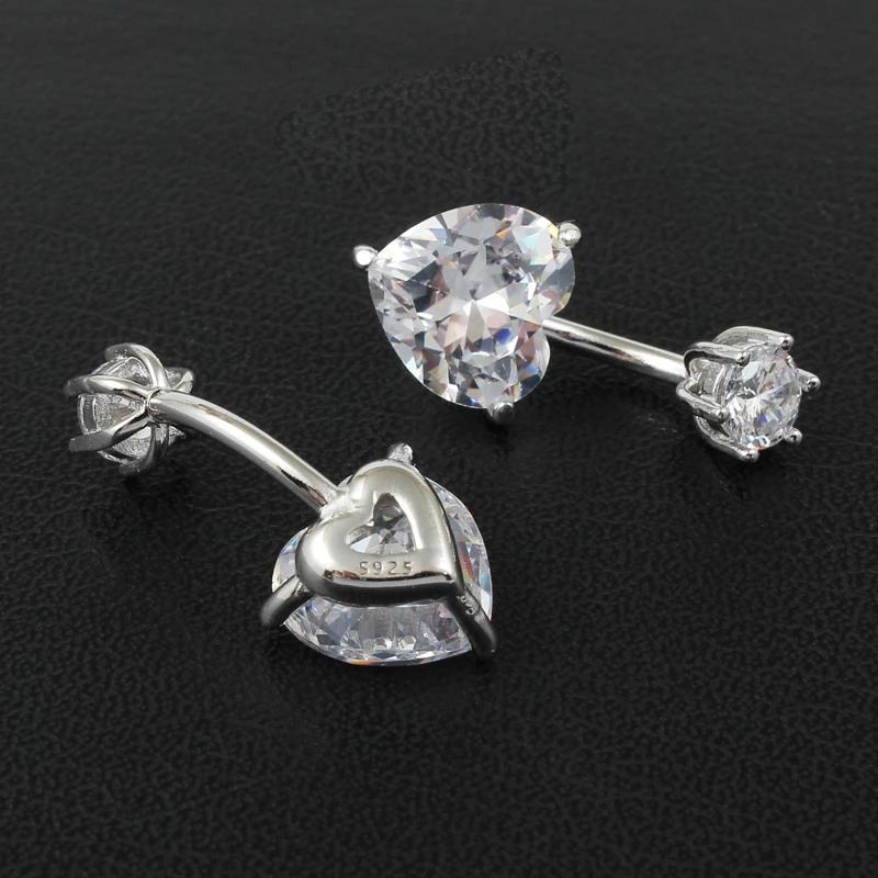 Fashion Trendy Belly Button Rings S925 Sterling Silver Platinum Plated Heart Shape CZ Navel Piercing Sexy Wedding Gift Body
