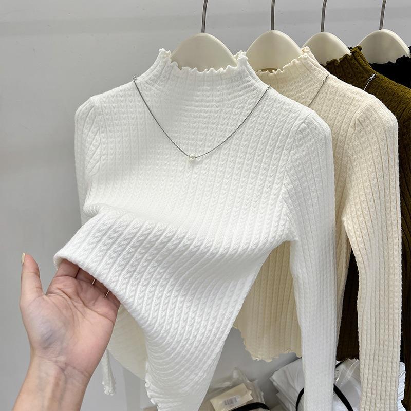 Fungus edge semi-turtleneck bottoming shirt for women, medium neck chic top for autumn and winter, sweater for women