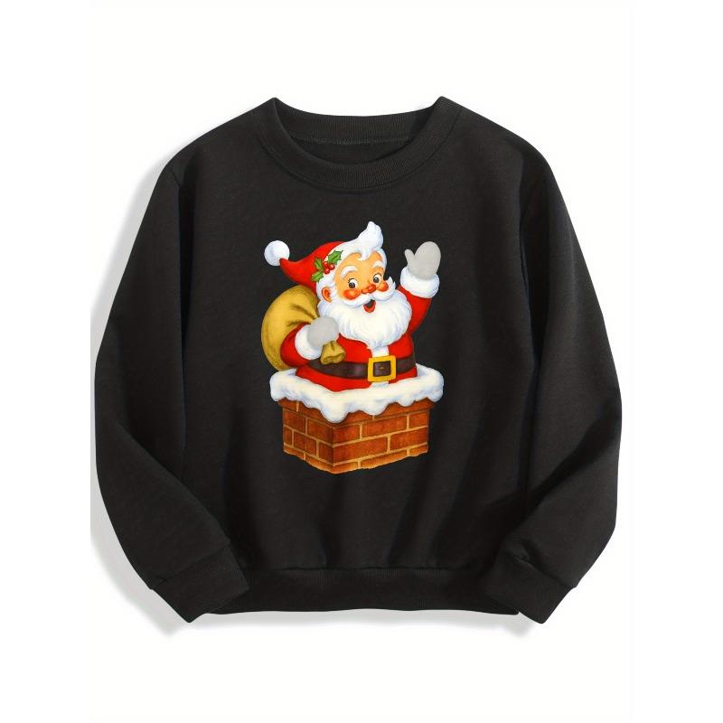 Kids Crewneck Sweatshirt, Santa Chimney Graphic Print, Winter Festival Holiday Pullover 110 чёрный