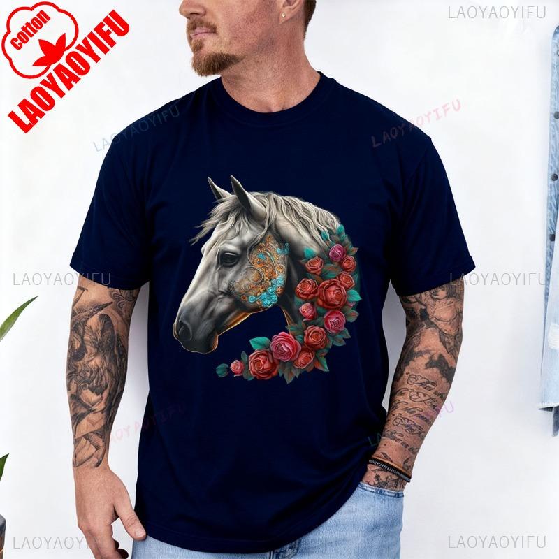 Horse Mandala Flower Animal Motif Horse Cotton TShirt Men and Women Crew Neck Short Sleeve Soft Casual Outdoors Fashion Tees