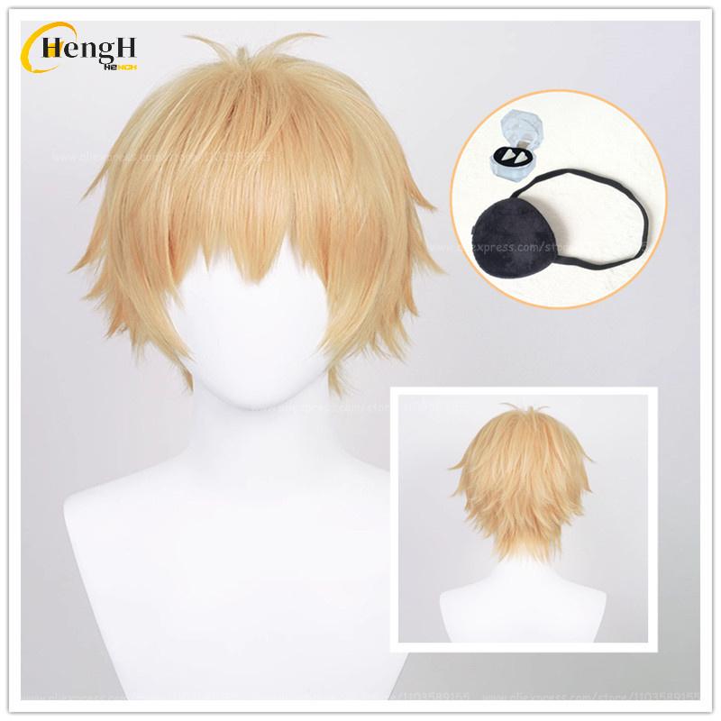 Skladem Anime Denji Syntetické Vlasy Krátké 30cm Světle Oranžovo-Zlatá Paruka A Vlasový Pramen Tepelně Odolné Vlasy Halloweenská Párty Paruky +Síťka na Paruku