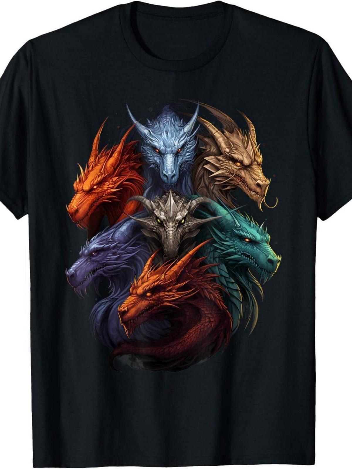Men s Black Dragon Graphic TShirt with Vibrant Blue & Orange Dragon Print Casu L