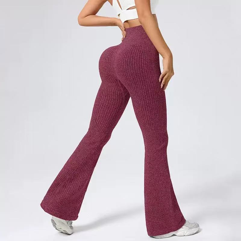 Women's Solid-Color Knit Ribbed High-Waisted Slightly Flared Slimming Seamless Yoga Flared Pants for Spring and Fall
