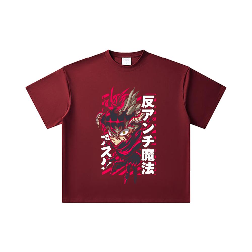 260 GSM Double Yarn 32 Count 100% Cotton Black Clover V5 Asta Demon Print Unisex Heavy Cotton T Shirt