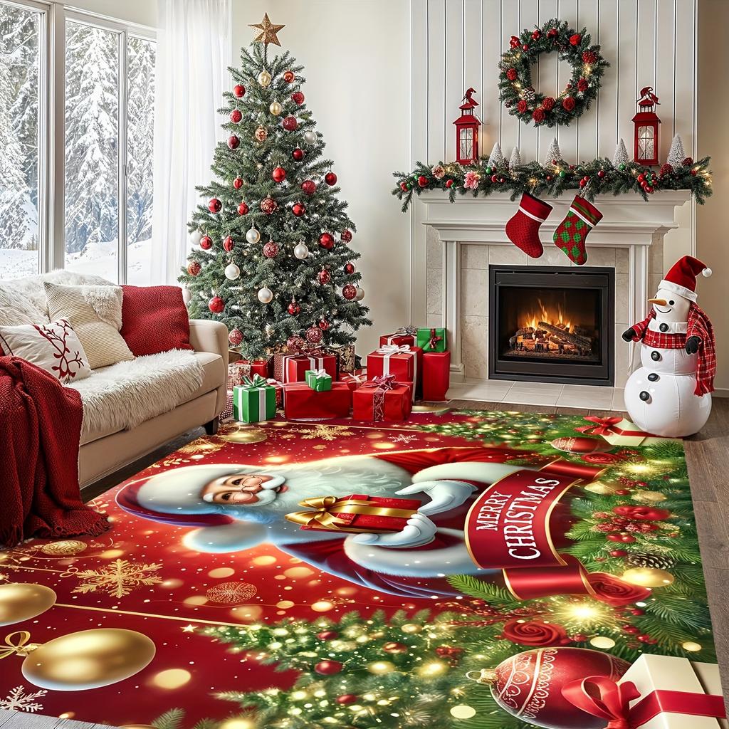 1pc Christmas Door Mat, Santa Snowflake Bell Gift Christmas Tree & Holly Berry Pattern, Soft Comfortable Water Absorbent Rug
