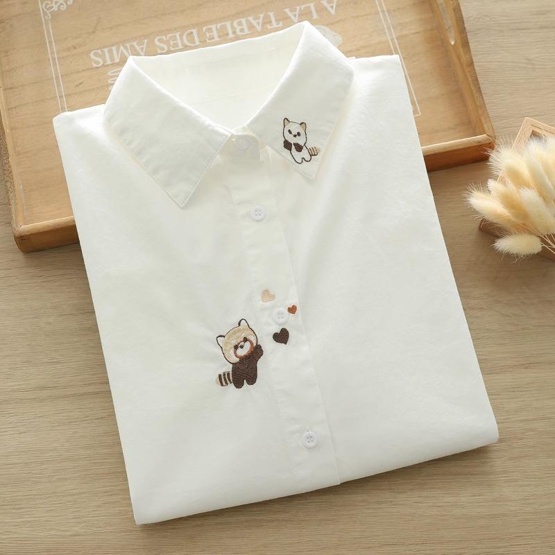 Spring Autumn White Shirts Women Turn Down Collar Embroidered Long Sleeve Casual Little Blue Flower