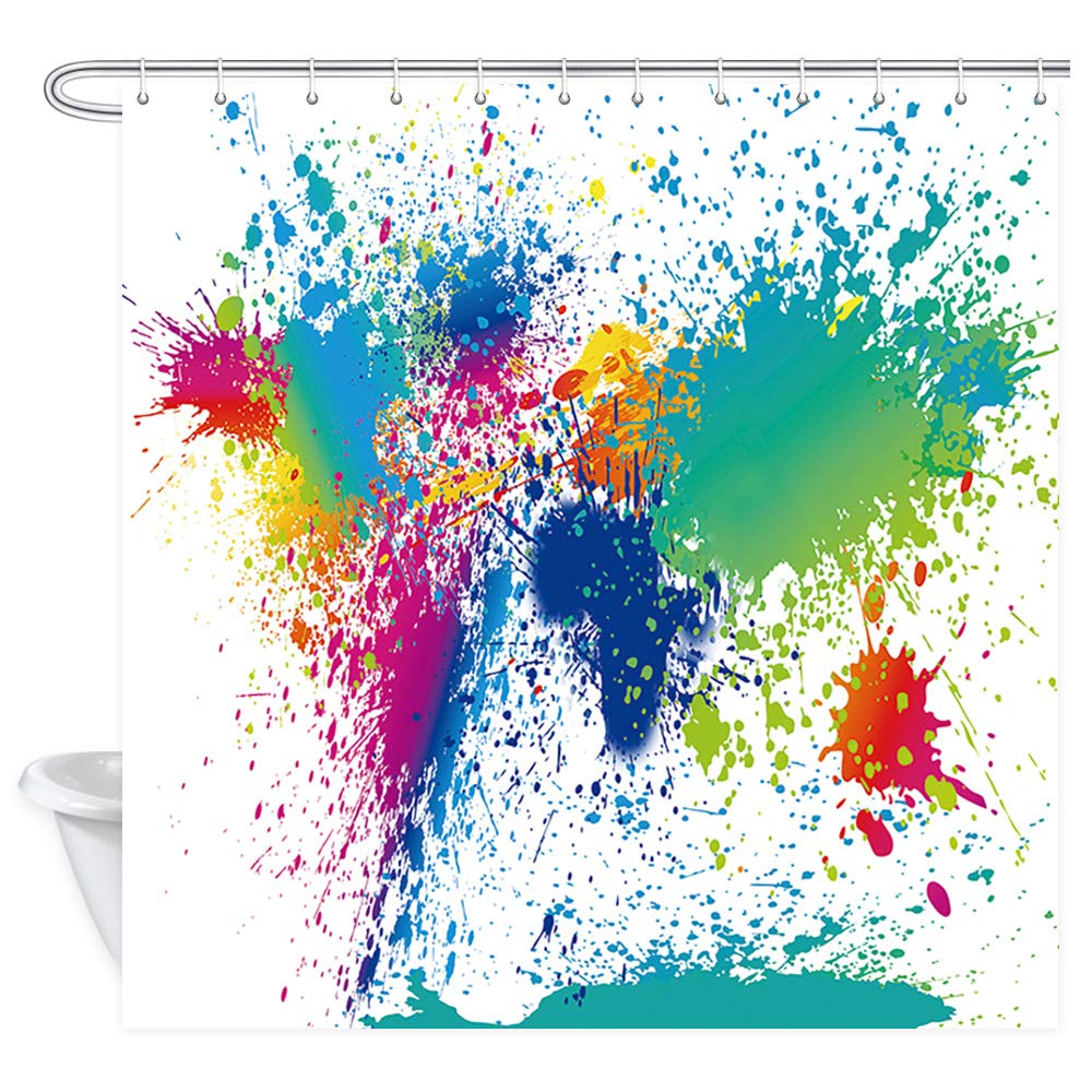 Bunter Duschvorhang Kunst Abstrakt Aquarell Mehrfarbig Regenbogen Atomare Sternenexplosion Mid Century Schwarzer Stoff Badezimmer Dekoration
