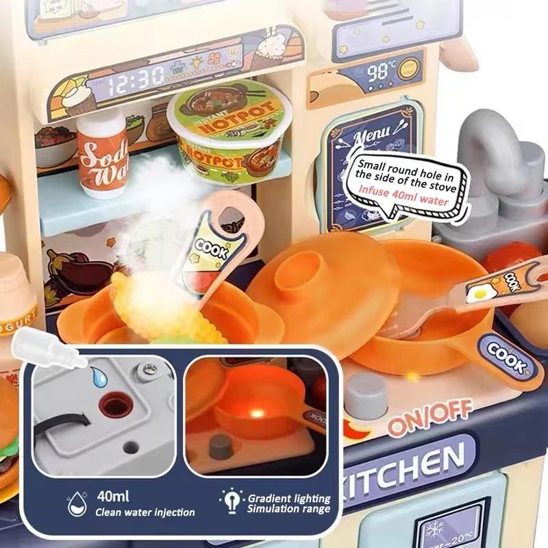 Kids Play Kitchen Set Simulation Cooking Toy with Spray Effect and Light for Children's Toys and Gifts