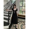 French large size dress, fat MM summer dress, new temperament, waist and thin square neck coffee break skirt