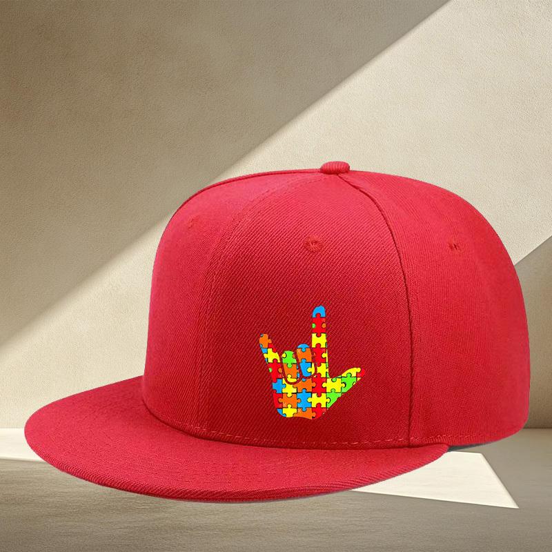 Autism Awareness Puzzle I Love You Sign Baseball Cap Unisex Adjustable Flat Brim Casual Outdoor Sports Cap