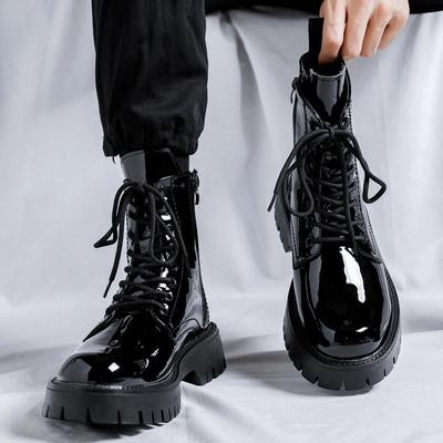 Botas Masculinas de Alta Qualidade em Couro Envernizado, Botas de Cano Alto com Cadarço e Plataforma, Botas Quentes de Pelúcia para Inverno, Bota de Tornozelo para Motociclista