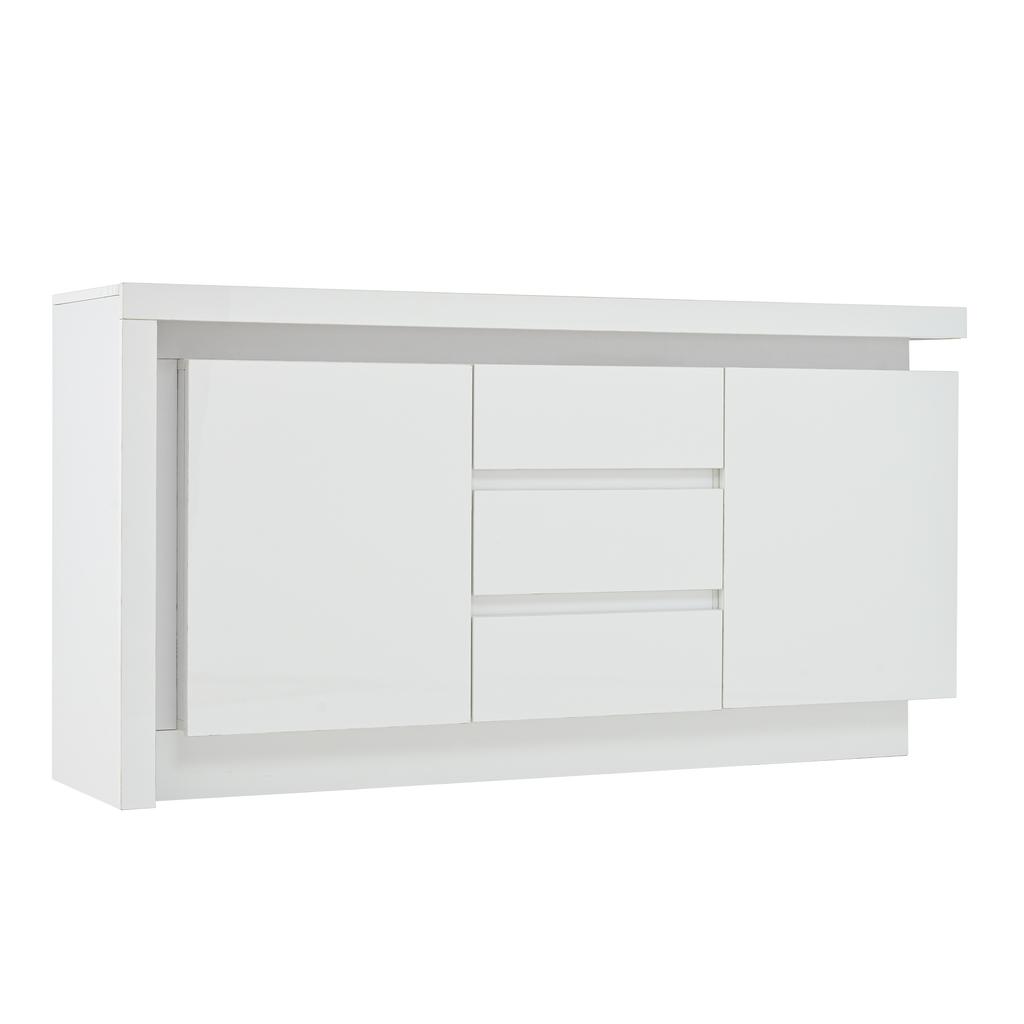 Credenza 140*35*72cm, Cassettiera per Camera da Letto, Soggiorno, con 3 Cassetti, Ripiani Regolabili e 2 Ante, Mobile Laccato Lucido con LED, Bianco