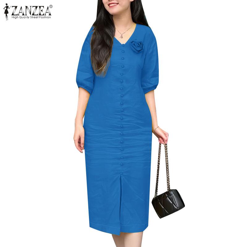 ZANZEA Women Casual V-Neck Loose Summer Half Sleeve Dress