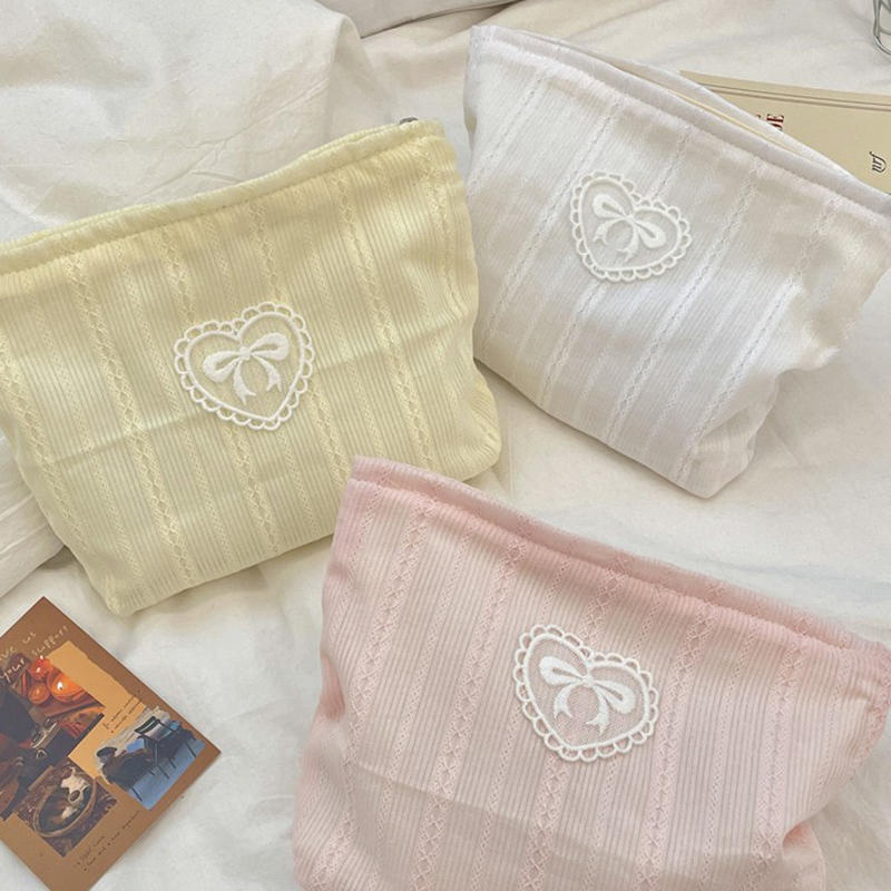 Beautiful INS Simplicity Cosmetic Bag Sweet Embroidery Bow Striped Makeup Case Portable Travel Earphone Cable Storage Bags