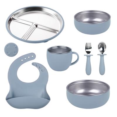 7-Piece Children's Dishes Set Baby Stainless Silicone Tableware Set Suction Cups Forks Spoons Mother and Baby Supplies