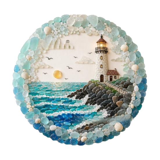 Textured Ocean Art for Home Lighthouse Sea Glass Wall Ornament, Hand Assembled Shells And Tumbled Entryway Seaside Focal Point Decor,