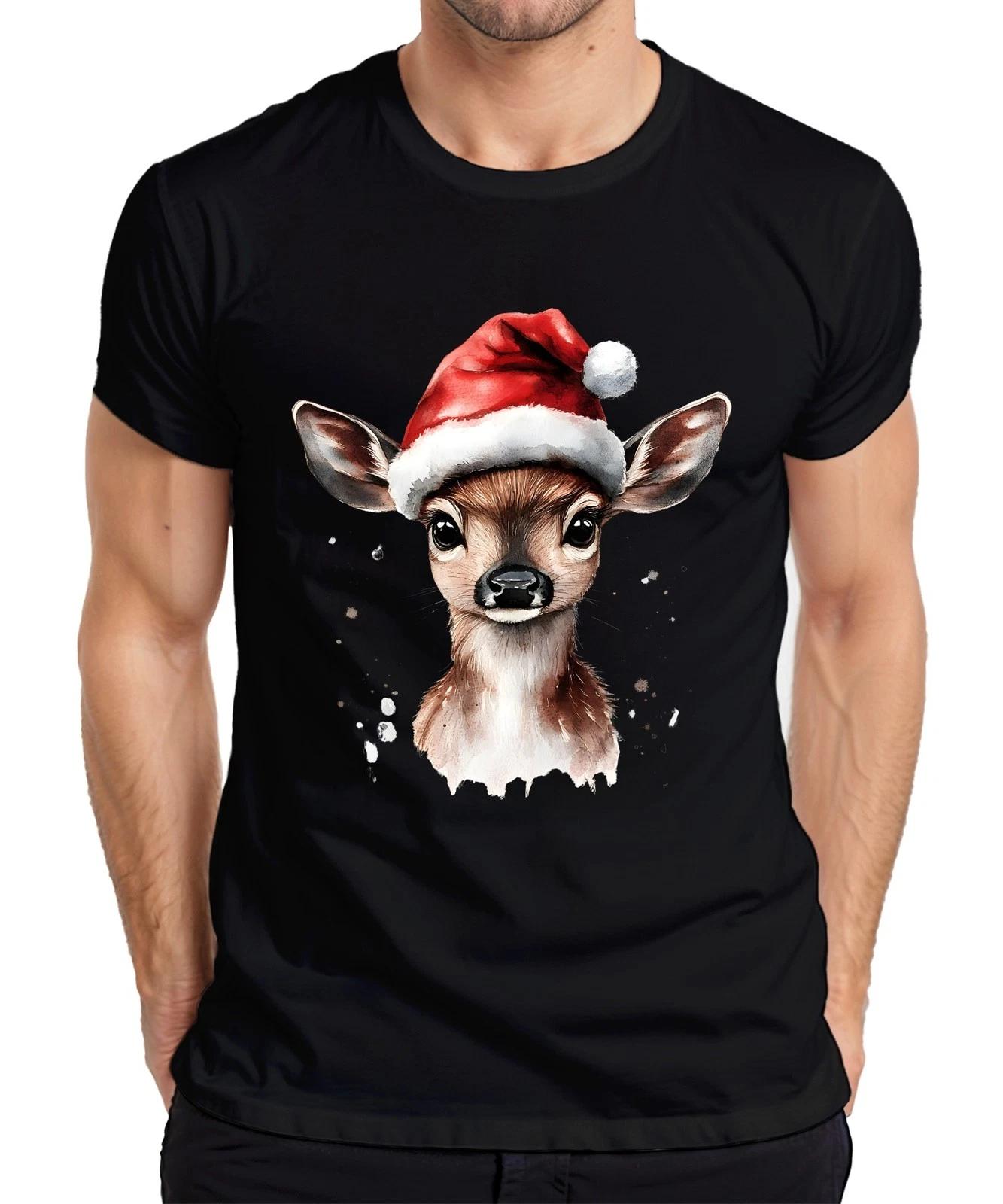 Rehkitz Weihnachten niedlich Aquarell Weihnachtsmann Hut Geschenk Herren T-Shirt XL