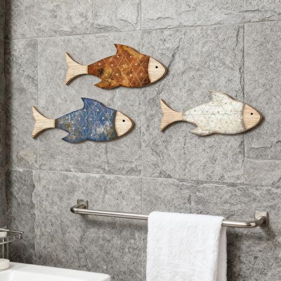 3Pcs/Set Wooden Fish Wall Decor Coastal Wall Art Fish Rustic Fish Wall Art Decoration for Bathroom Bedroom Ocean-Themed Room Lake House