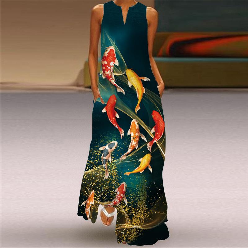 Vintage Dámské 3D tisk Boho Dlouhé šaty bez rukávů Letní móda Společenské šaty s výstřihem do V Dámské Ležérní Kapesní Tenké Vestido